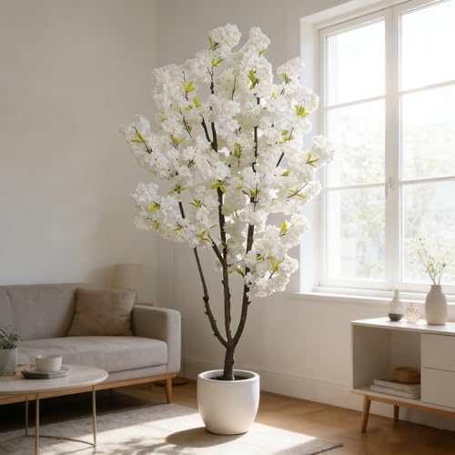 BINCUE Artificial White Cherry Blossom Tree Fake Tree Cherry Blossom Decor Fake Flowers Faux Flowering Tree White Flowers Floral Artificial Plants for Indoors Outdoors Room Home Decor Gift 6FT - color: White-02ap