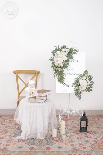Odouzy Pack of 2 Wedding Arch Decorations Artificial Hanging Flowers Floral Swag for Wedding Welcome Sign Backdrop Balloon Arch Home Party Bridal Ceremony Reusable(New White) - color: New White