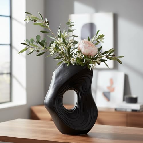 Sunddo Donut Black Vase for Home Decor - 11 Inch Tall Modern Ceramic Vases for Pampas Grass, Boho Decorative Vase for Flowers, Entryway, Fireplace, Kitchen Counter Decor - color: Black, size: 11 inch
