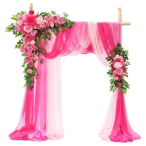 TINGE TIME Wedding Arch Flowers Kit - Deluxe 5pcs Artificial Floral Swag with 3 Sheer Drapes, Realistic Silk Flower Arrangements for Wedding Ceremony Arbor Backdrop Reception Party Home Decor - color: Hot Pink