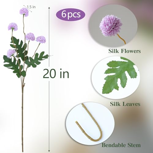 mizii 6Pcs Purple Fake Silk Pompon Mum Artificial Flowers Bulk Small Faux Chrysanthemums with Stems Realistic Floral Decorations for Wedding DIY Bouquet Centerpieces Shower Vase Home Decor (Purple) - color: Purple