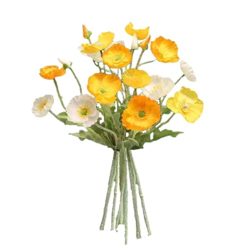 6pcs Artificial Poppy Silk Flowers With Stems - Faux Spring Blooms for Home Kitchen Table Centerpieces, Floral Arrangements, Wedding Bouquets and Mixed Decorations - color: Yellow-white