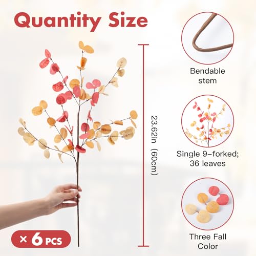 6pcs Eucalyptus Stems Fake Orange Red Autumn Leaves Artificial Silk Flowers Fall Decor Bouquet Faux Branches Centerpiece Flores Plants for Home Party Decor Wedding Decoration - color: 6pcs-orange