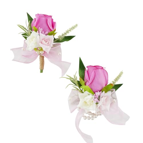 Hot Pink Corsage and Boutonniere Set for Wedding Prom, Artificial Rose Flower Homecoming Corsage Wristlet, Boutonniere for Men Wedding Suit Decor - color: Hot Pink
