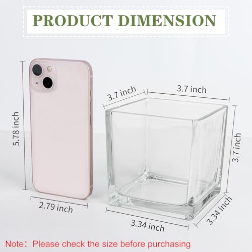 1 Pack Square Glass Vase 4" x 4" x 4", Clear Flower Vase for Centerpieces, Candle Holder for Wedding Party Events, Home Décor - size: 4inch