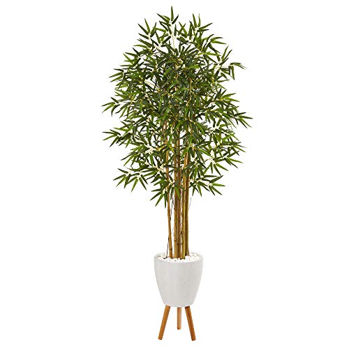 Nearly Natural 74in. Multi Bambusa Bamboo Artificial Tree in White Planter with Stand