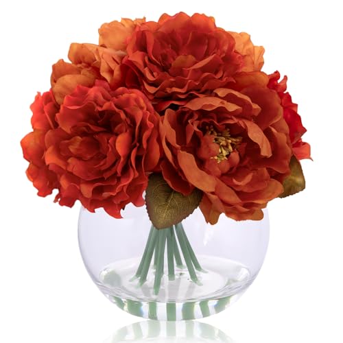 Artificial Flowers in Vase, Silk Peonies Flowers with Faux Water, Burnt Orange Fake Flower Arrangement for Summer Autumn Home Wedding Birthday Party Dining Table Centerpieces Decor & Mom's Gift - color: Burnt Orange