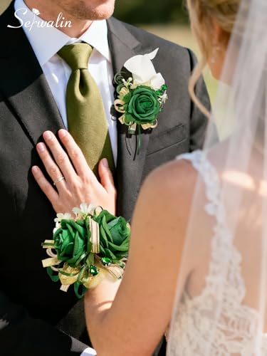 Serwalin Green Prom Corsage and Boutonniere Set, Artificial Calla Lily & Rose Wrist Corsage Wristlet for Homecoming, Formal Dance, Wedding Flower Accessories Suit Decorations - color: Green