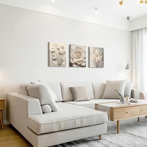 WENGTIAO 3Pcs Beige Floral Botanical Frame Canvas Wall Art, Neutral Textured Flower Plant Wall Painting Picture Wall Decor Vintage Blossom Prints for Bedroom Living Room Reay to Hang 12"x16"x3Pcs - color: Flower-White botanical, size: 12"x16"x3Pcs