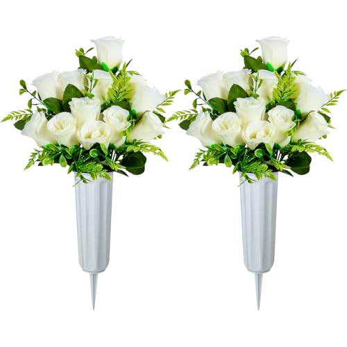 XONOR Artificial Cemetery Flowers, Set of 2 Artificial Rose Bouquet Grave Memorial Flowers with Vase for Cemetery Headstones Decoration (White) - color: White