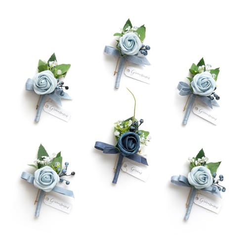 Ling's Moment Boutonniere for Men, 6pcs Groom Groomsmen Boutonniere with Built-in Pins, Artificial Flowers for Wedding Decor/Prom/Homecoming, etc.Dusty Blue Light Blue - color: Blu-dusty Blue & Light Blue