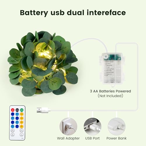 HEYFUNi Eucalyptus Vines with Lights & Remote, 13Ft 40 LED Fake Eucalyptus Garland Fairy Lights, USB & Battery Operated, 8 Modes Dimmable Timer for Bedroom Wall, Dorm Room, Wedding Decor, Warm White - color: Eucalyptus, size: 40 LED-USB & Battery