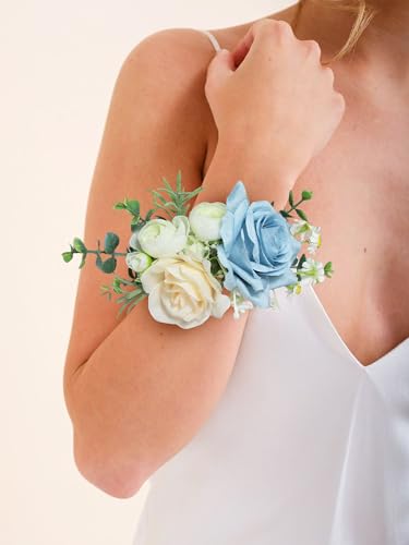 Rinlong 2Pcs Blue Champagne Wrist Corsage for Wedding, Prom, Homecoming | Bridesmaid, Mother of the Bride Corsage - color: 18-baby Blue