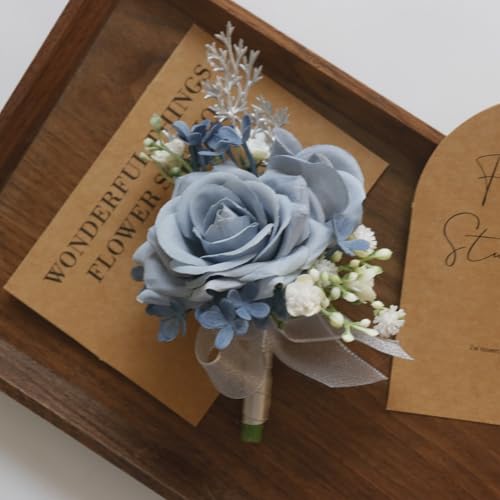 MAFELOE 2 Pieces Men Boutonniere Corsage Set, Artificial Rose Flowers Accessories for Wedding Prom Party Ceremony Anniversary Suit Decor- Dusty Blue(X-M11-JM) - color: Dusty Blue