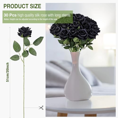 Thiccywoov 30 Pcs Rose Artificial Flowers in Bulk Lifelike Long Stem Silk Roses Bouquets Realistic Faux Flowers for Wedding Bridal Shower Home Decor Floral Arrangements Table Centerpiece(Black) - color: Black