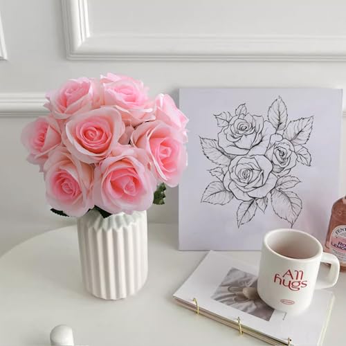 10 Pcs Light Pink Rose Artificial Flower, Faux Silk Flowers With Long Stems, Fake Roses Bulk Bouquet for Decoration Valentine's Day Centerpieces Proposal Bridal Bouquets Shower Party Home Floral Decor - color: Light Pink