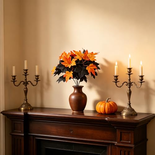 6 Pcs Artificial Maple Leaves Branches Fall Flowers 12 Inch Faux Fall Floral Stems Leaves with Black Orange Colors Fake Autumn Stems for Halloween Decor Thanksgiving Table Centerpiece - color: Black, Yellow