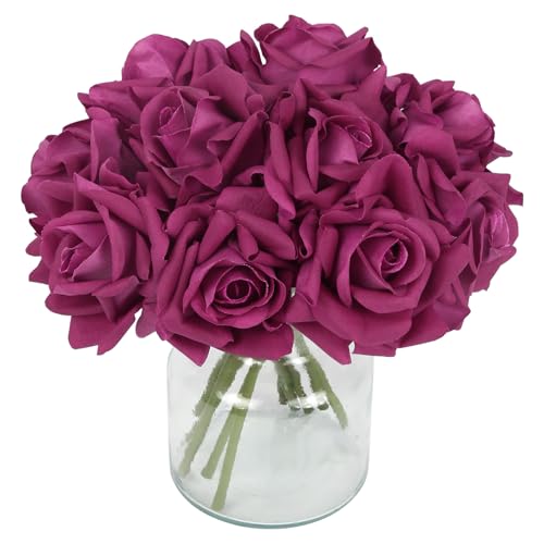IPOPU 2 Bouquets Real Touch Roses Artificial Flowers 10PCS Rose Red Faux Roses with Stems for Wedding Party Home Table Centerpieces Decoration (Rose Red) - color: Rose Red