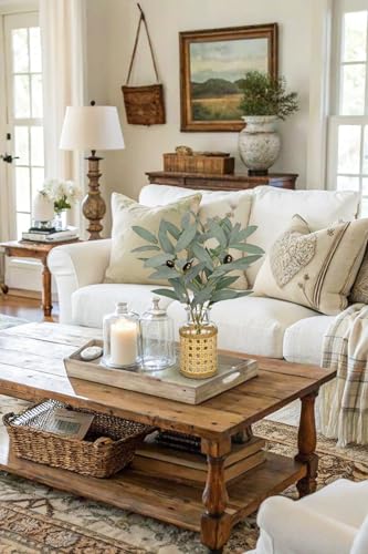 Hollyone Artificial Olive Branch in Woven Glass Vase with Faux Water 11.8" Fake Plants Olive Leaves Stems for Indoor Shelf Desk Home Bathroom Wedding Table Centerpiece Decor - color: Green #2