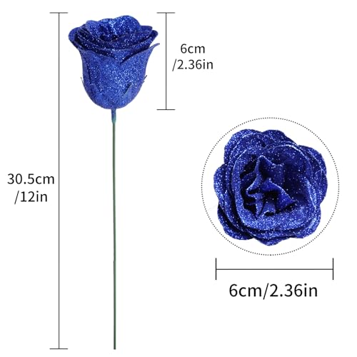 Glitter Roses,30PCS Royal Blue Flowers Artificial Roses with Stems for Wedding Bouquet Party Christmas Home Decor(Royal Blue) - color: Royal Blue