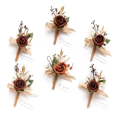 Ling's moment Boutonniere for Men, 6pcs Groom Groomsmen Boutonniere, Artificial Flowers for Wedding Decor/Prom/Homecoming, etc.Terracotta Orange - color: Or-terracotta & Orange