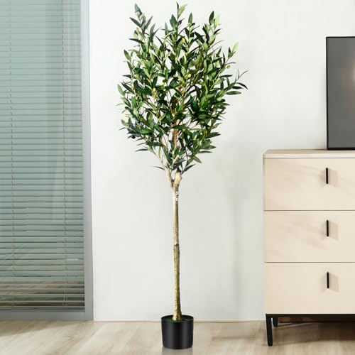 5FT Olive Tree Artificial Indoor - Tall Faux Olive Tree with Wood Trunk and Lifelike Fruits - Fake Plants in Pot for Home Office Living Room Decor - size: 5ft