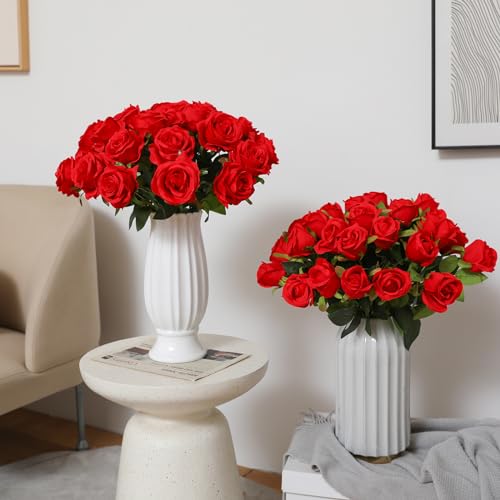 Tifuly Red Roses Artificial Flowers - 12 pcs Realistic Long Stem Fake Roses Mashup Style Silk Flowers for Valentine's Day DIY Bouquets Wedding Centerpieces Arrangements Home Party Decor - color: Red