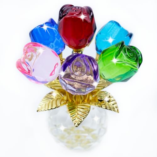 TWINKLING Crystal Roses Figurine with Round Vase, Glass Rose Crystal Flowers Bouquet, Birthday, Anniversary,Wedding, Home Décor,Gold Leaf (Multicolor) - color: Multicolor(gold Leaf)