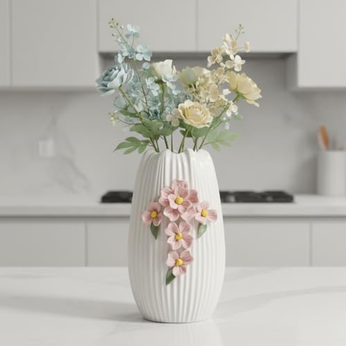 Ceramic Flower Vase - 9 Inch White Modern Vase for Pampas Grass, 3D Floral Vase for Living Room, Kitchen, Easter Table, Dining Room, Table Decor - color: White and Pink, size: 9 inch