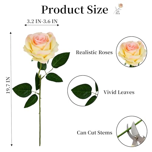 10 Pcs Champagne Rose Artificial Flower, Faux Silk Flowers With Long Stems, Fake Roses Bulk Bouquet for Decoration Valentine's Day Centerpieces Proposal Bridal Bouquets Shower Party Home Floral Decor - color: Champagne