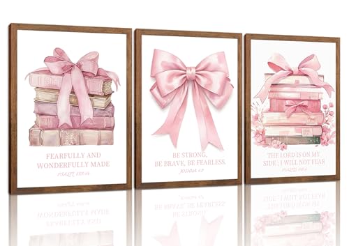Pink Bow And Book Canvas Wall Art Set of 3, Coquette Trendy Preppy Cute Girl Posters Prints Wall Decor, Book Lovers Gifts for Girls Room College Apartment Living Room Bedroom 16x24In Wood Framed - color: Pink book bow, size: 24L" x 16W"