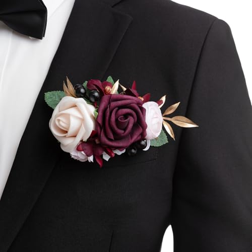 Ling's moment Pocket Boutonniere Single, Boutonniere for Men Groom for Wedding, Prom, Homecoming, Anniversary, Graduation, etc.Marsala Blush, 6" W x 5" H - color: Red-marsala & Blush, size: 6" W x 5" H