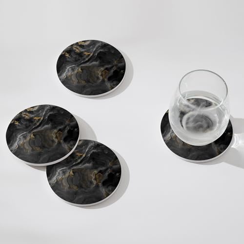 Set of 6 Abstract Black Marble Coasters with Holder, Absorbent Ceramic Coasters for Drinks, Coasters with Cork Backing for Table Protection, Housewarming Gifts for New Home - color: Abstract Black Marble