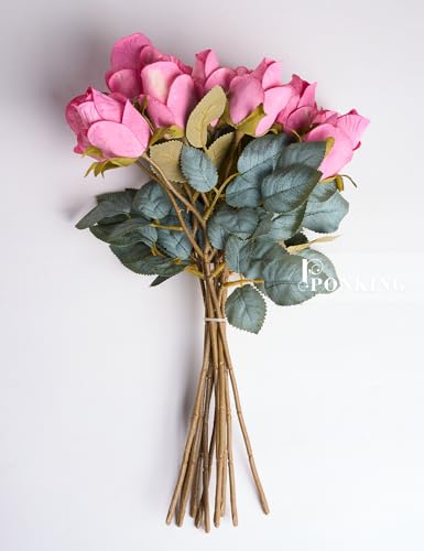 PONKING Rose Artificial Flower Buds 12pcs Realistic Faux Silk Roses Fake Flowers Bouquets Arrangements Decor for Wedding Spring Mother's Day, Home Table Decorations, Light Magenta Flower - color: C 12pcs Light Magenta Rose