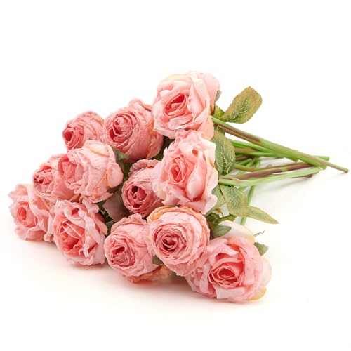 PONKING Rose Artificial Flower 12pcs Realistic Faux Silk Roses Fake Flowers Bouquets Arrangements Decor for Wedding Spring Mother's Day, Home Table Decorations, Pink Flower - color: A 12pcs Pink Rose