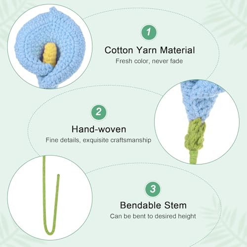 M METERXITY 6-Pack Crochet Flowers, Knitted Artificial Wool Calla Lily for Mother's Day/Wedding/Birthday/DIY Decor, Handmade Knitted Flowers [Blue] - color: Blue