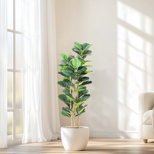 Garvee Artificial Fiddle Leaf Fig Tree with White Planter, 5 ft Tall Fake Plant with Natural Wood Trunk, Faux Ficus Tree Potted Moss for Home Office Living Room Decor - size: 5ft