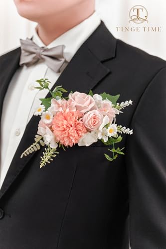 TingeTime Single Pocket Boutonniere for Man Groom, Best Man Boutonniere for Wedding Ceremony Anniversary, Formal Dinner Party and Rustic Spring Wedding Marriage(PeachPink&White) - color: Peachpink&white