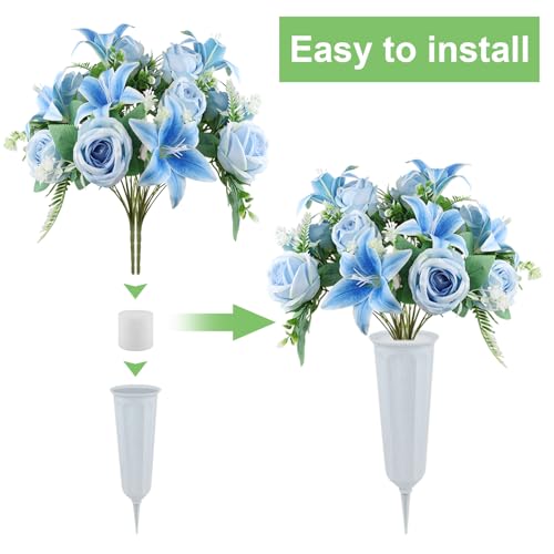 2 Set Artificial Cemetery Flowers with Grave Vase-2 Bunches Lilies & Rose Mixed Blue Silk Memorial Flowers-2 Cemetry Vase with Foam for Outdoor Headstones Gravesite Graveyard Decorations - color: Blue