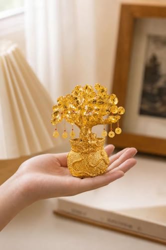 Artificial Citrine Money Tree Bonsai Feng Shui Crystal Tree for Home Office Decor, Lucky Indoor Ornament with Wealth Symbolism