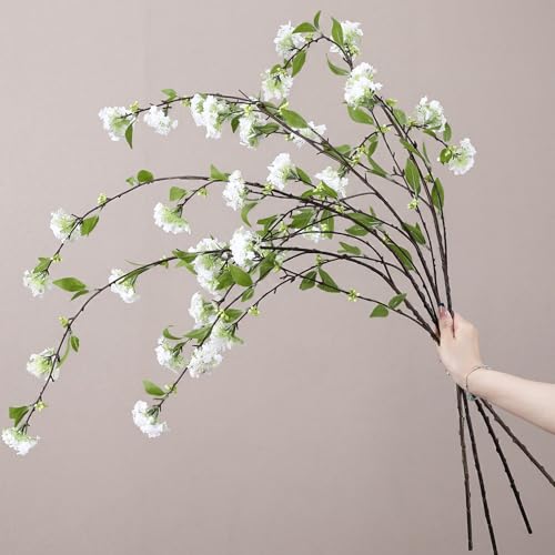 4 Pcs Artificial Plants Flowers 43" Faux Greenery Long Stem Branches for Vase Realistic Silk Fake Snowball Viburnum Artificial Hydrangea Flowers for Tall Vase Home Table Decor(White) - color: White