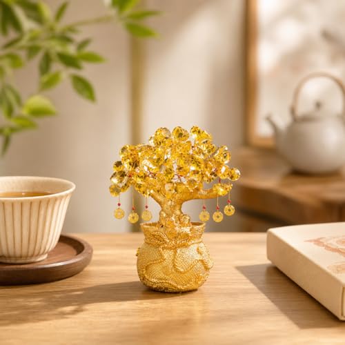 Artificial Citrine Money Tree Bonsai Feng Shui Crystal Tree for Home Office Decor, Lucky Indoor Ornament with Wealth Symbolism