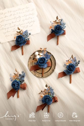 Ling's moment Boutonniere for Men, 6pcs Groom Groomsmen Boutonniere, Artificial Flowers for Wedding Decor/Prom/Homecoming, etc.Burnt Orange Navy Blue - color: Blu-burnt Orange & Navy Blue