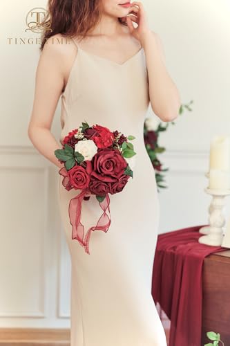 TINGE TIME Burgundy Bridesmaid Bouquets Set of 4 for Wedding Wedding Bouquets 7 Inch Artificial Silk Flowers Bridal Bouquets for Bridesmaids, Wedding Decor, Anniversary, Party - color: Burgundy Red