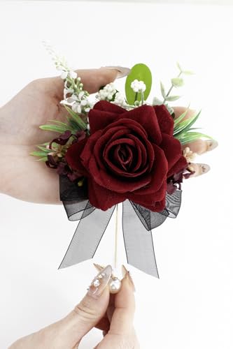 Burgundy & Black Corsage and Boutonniere Set, Corsage Wristlet for Women and Boutonniere for Wedding Prom Homecoming, Artificial Rose Flowers Boutonniere and Wrist Corsage - color: Burgundy & Black