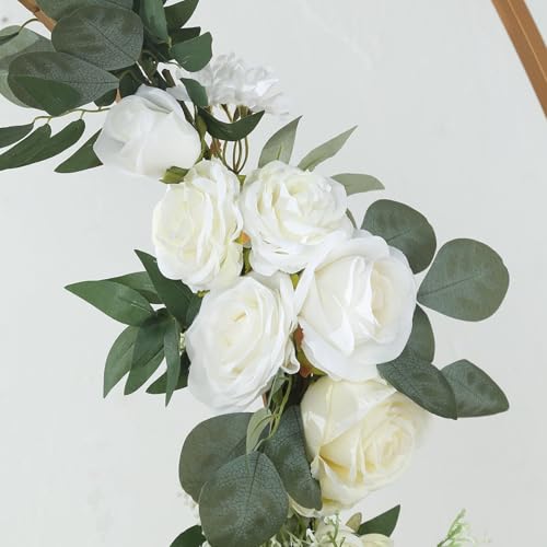 Efavormart Set of 2 White Silk Rose Floral Swags with Eucalyptus Greenery, Pre-Arranged Artificial Flower Arrangements for Wedding Arch Decor, Signs and Table Centerpieces - color: Type19