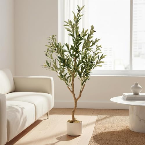 Faux Olive Tree 4FT, Olive Plant Trees Artificial Indoor with Wood Trunk and Realistic Leaves and Fruits, 48in Fake Floor Plants Olive Tree for Home House Office Décor