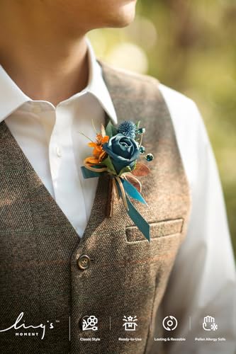 Ling's moment Wedding Artificial Flowers Package, Bridal Bouquet, Bridesmaid Bouquets, Boutonniere for Men, Rose Petals.Dark Teal Burnt Orange - color: Or-dark Teal & Burnt Orange