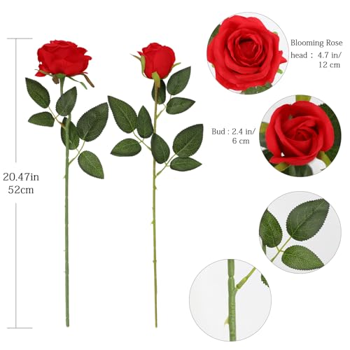 Tifuly Red Roses Artificial Flowers - 12 pcs Realistic Long Stem Fake Roses Mashup Style Silk Flowers for Valentine's Day DIY Bouquets Wedding Centerpieces Arrangements Home Party Decor - color: Red
