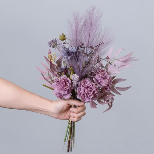 Artificial Fake Faux Flowers Silk Flower Arrangements Bouquets Consists of Peonies, Chrysanthemums, Pampas Grass (Purple) - color: Purple